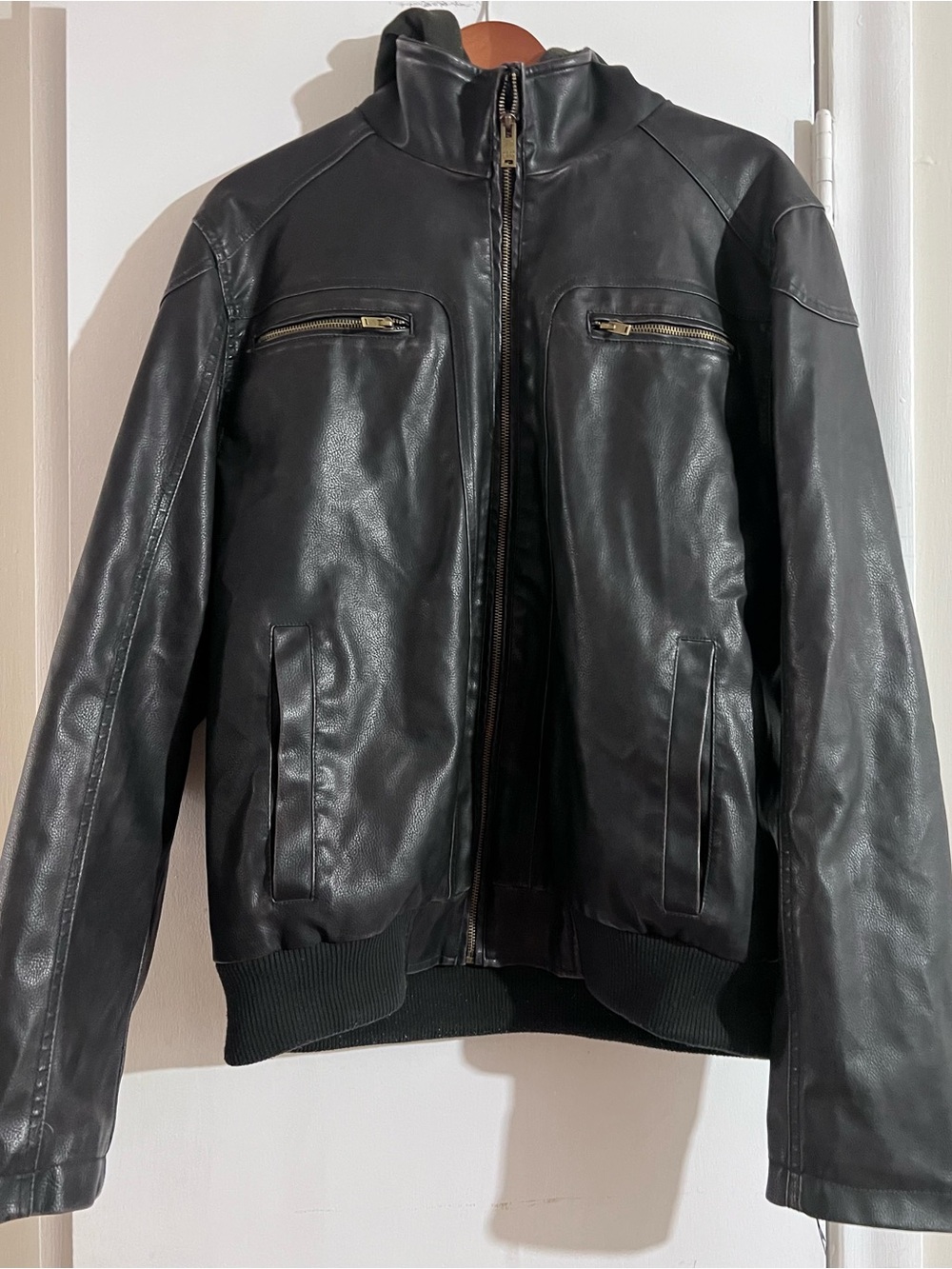 Men’s Sean John Black Leather Bomber Jacket with Zip heavy weight